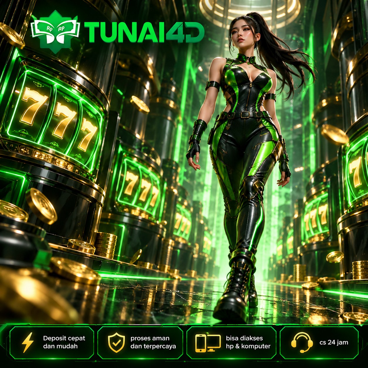 Poster TUNAI4D bernuansa hijau dan ilustrasi kota futuristik